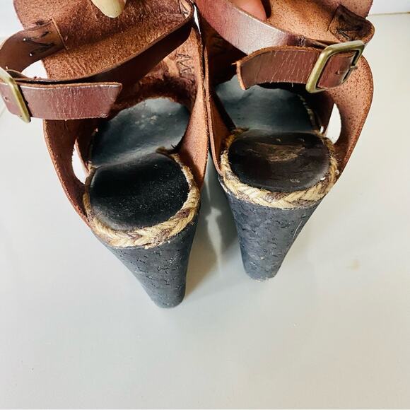 FP FREE PEOPLE Burgundy Brown Leather Vachetta Rose Wedge Sandals Tan Rope 8.5 - Picture 3 of 16